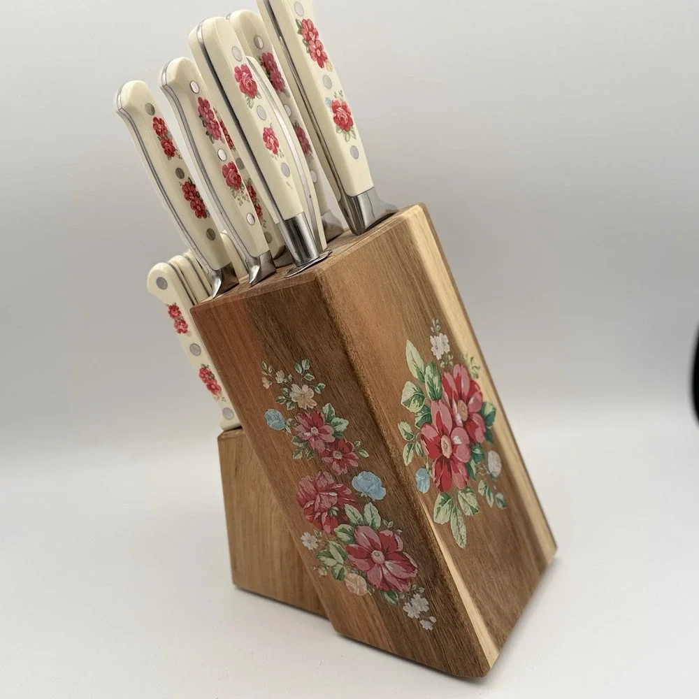 Vtg Pioneer Woman Floral 14-Piece Cutlery Kitchen Set Wood Block Retired #5617